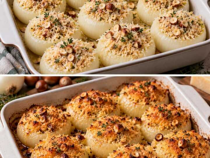 Cipolle Bianche Gratinate con Parmigiano, Timo e Nocciole