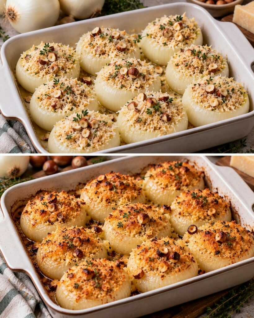 Cipolle Bianche Gratinate con Parmigiano, Timo e Nocciole