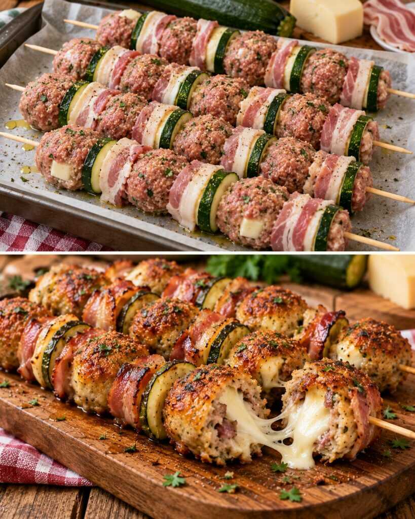 Spiedini di Polpette Ripiene di Scamorza con Zucchine e Pancetta