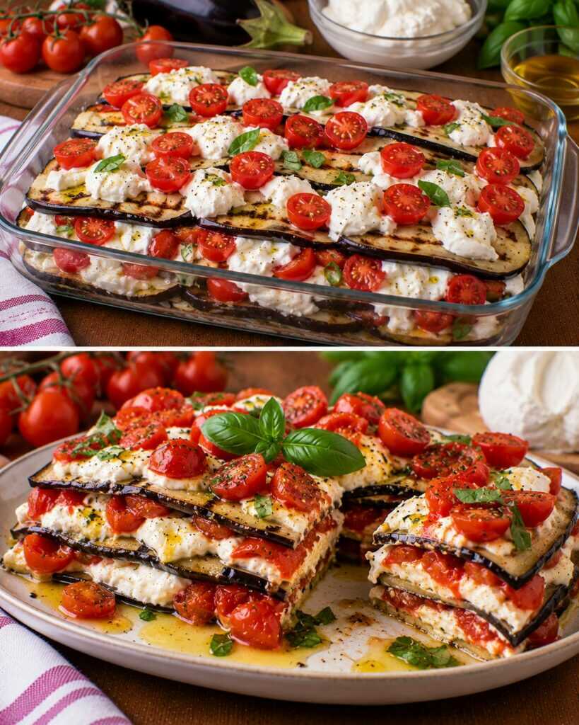 Millefoglie Fredda di Melanzane Grigliate con Burrata e Pomodorini