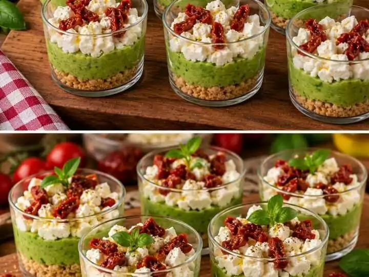 Bicchierini Salati con Crema di Piselli, Feta e Pomodori Secchi