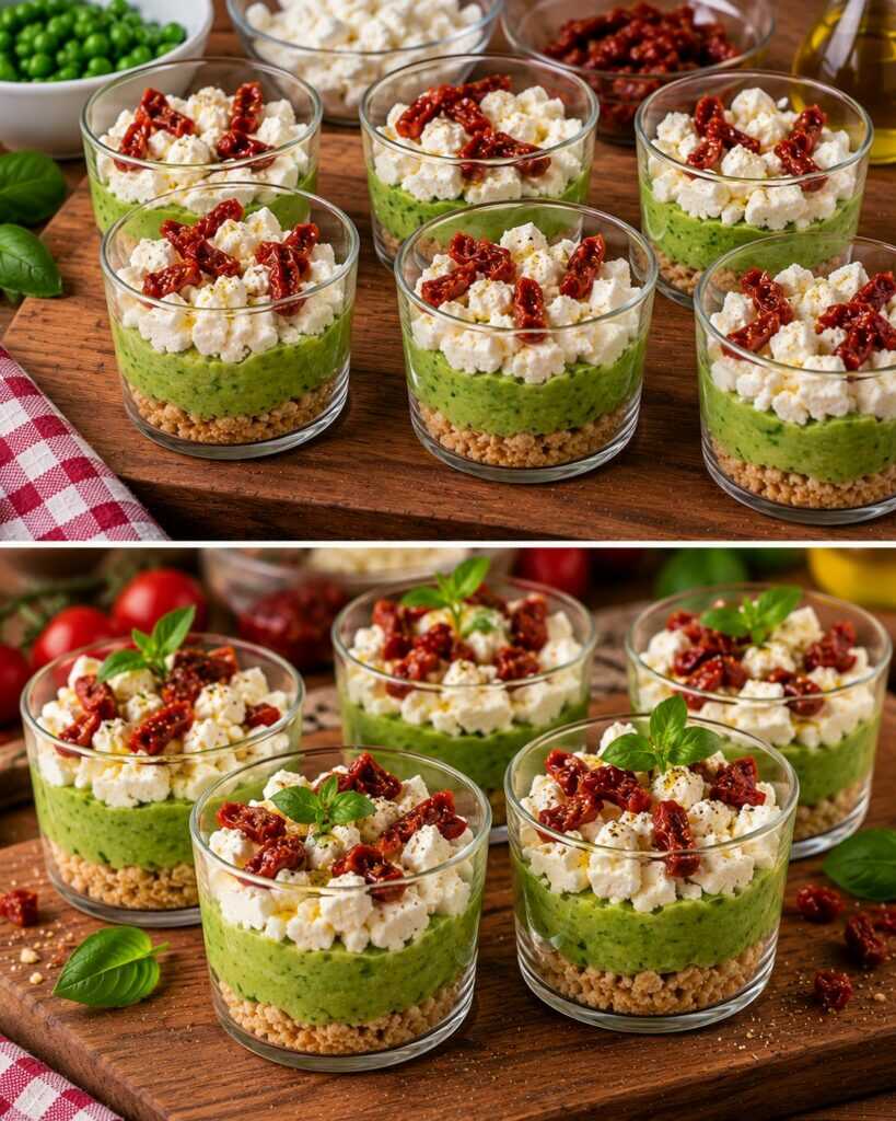 Bicchierini Salati con Crema di Piselli, Feta e Pomodori Secchi
