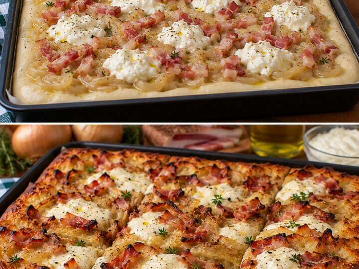 🍕 Pizza in Teglia con Crema di Cipolle Dorate, Guanciale e Stracciatella