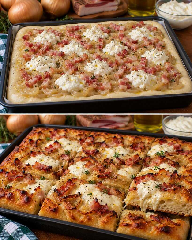 🍕 Pizza in Teglia con Crema di Cipolle Dorate, Guanciale e Stracciatella