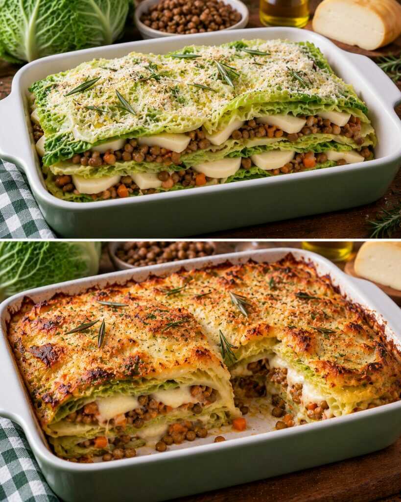 Verza a Millefoglie con Crema di Lenticchie, Scamorza e Rosmarino