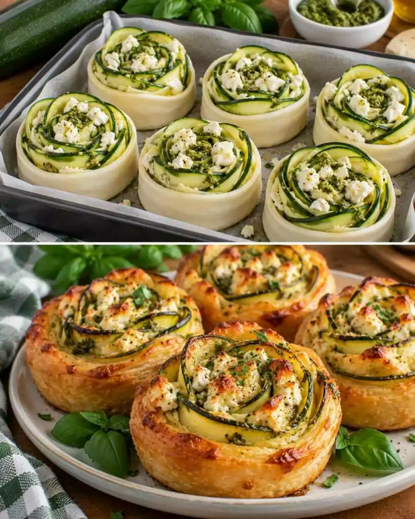 Roselline di Zucchine e Pasta Sfoglia con Feta e Pesto di Basilico
