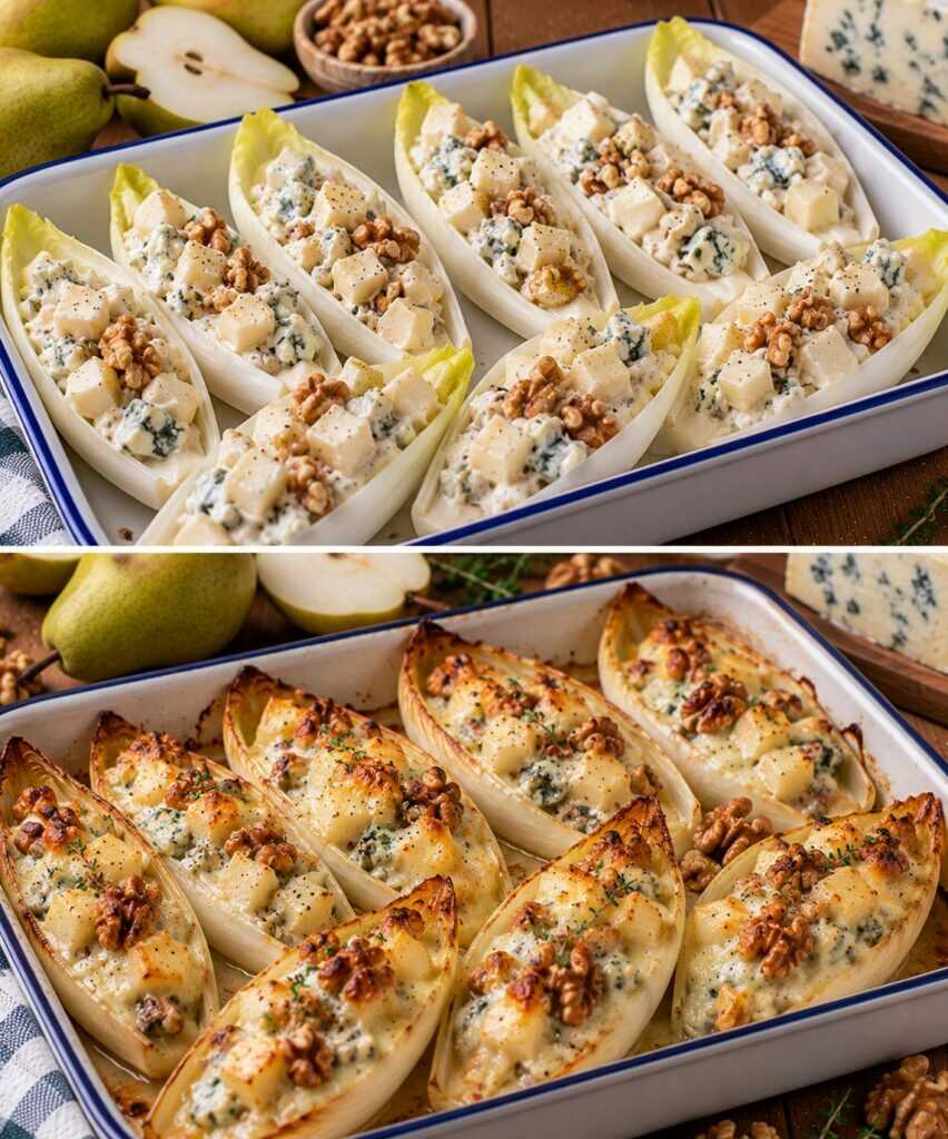 Barchette di Indivia con Gorgonzola Dolce, Pere e Noci