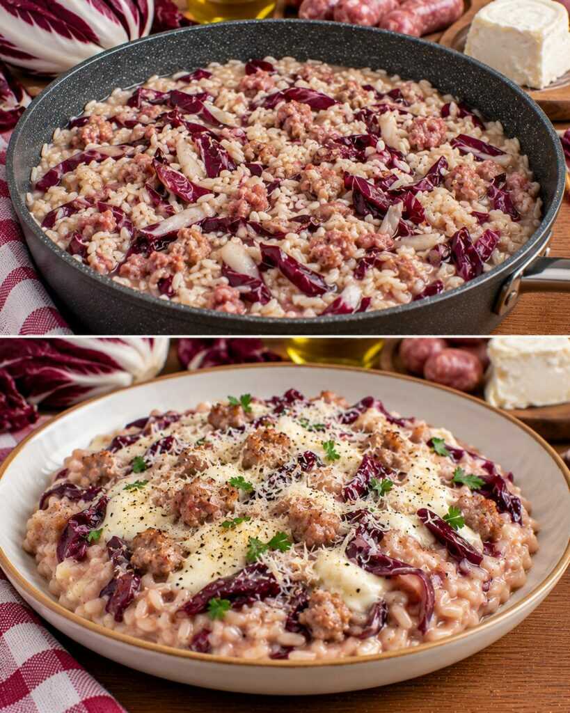 Risotto al Radicchio Tardivo con Salsiccia e Crema di Robiola