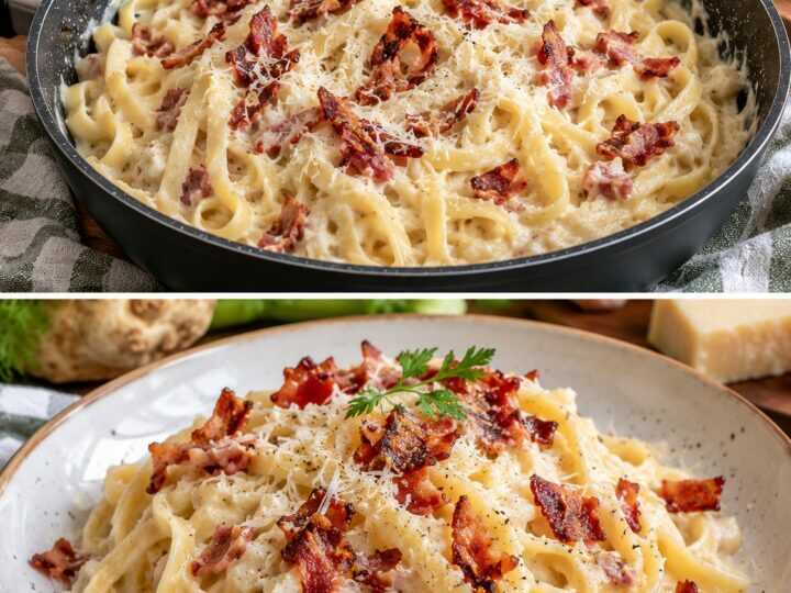 Fettuccine con Crema di Sedano Rapa, Speck Croccante e Parmigiano