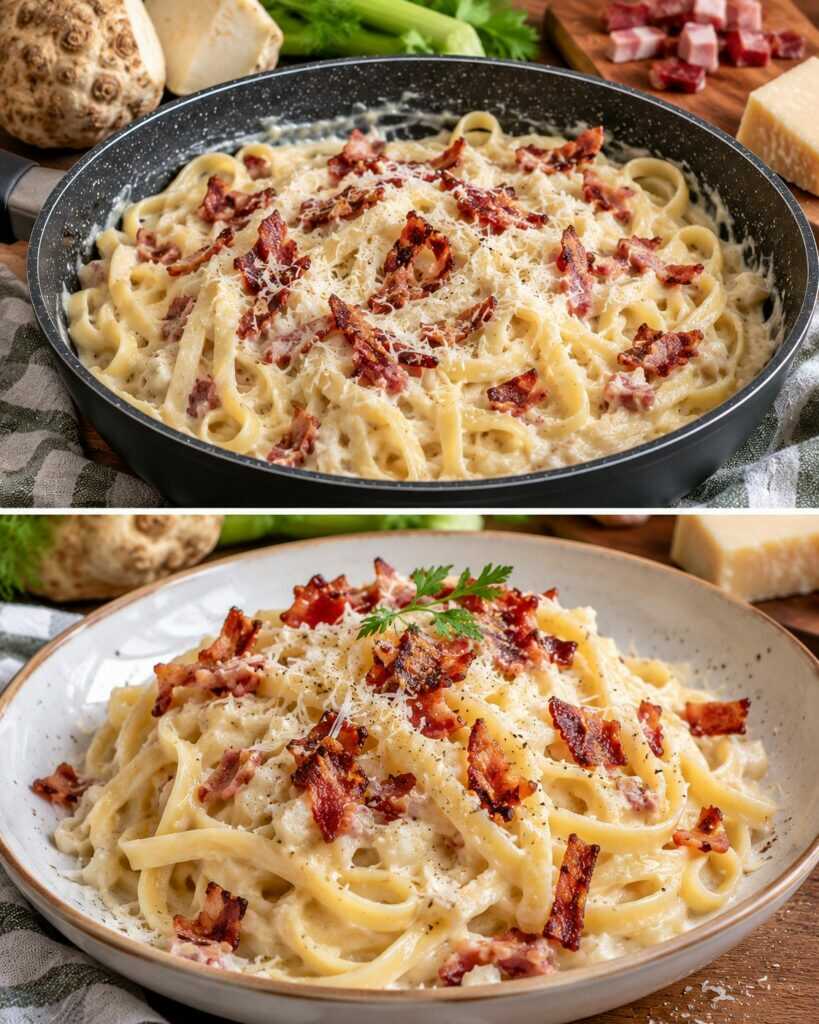 Fettuccine con Crema di Sedano Rapa, Speck Croccante e Parmigiano