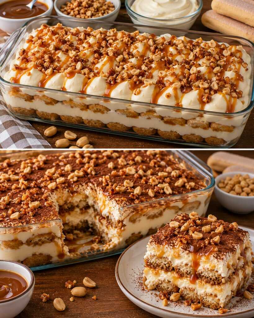 Tiramisù al Caramello Salato con Crema di Mascarpone e Croccante di Arachidi
