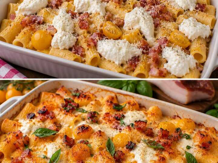 Rigatoni Cremosi con Crema di Pomodori Gialli, Guanciale Croccante e Burrata