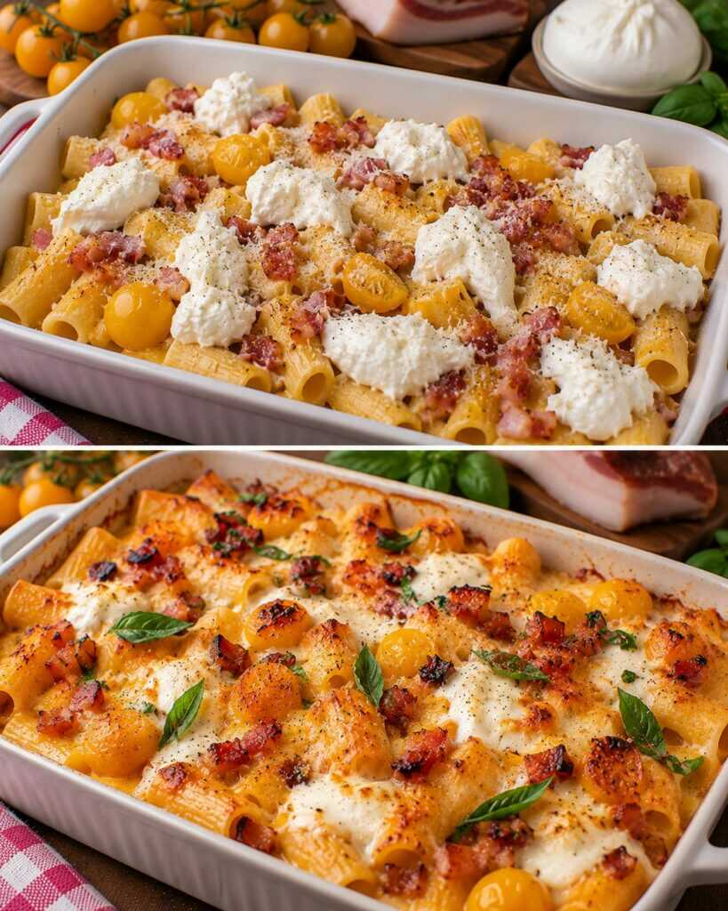 Rigatoni Cremosi con Crema di Pomodori Gialli, Guanciale Croccante e Burrata
