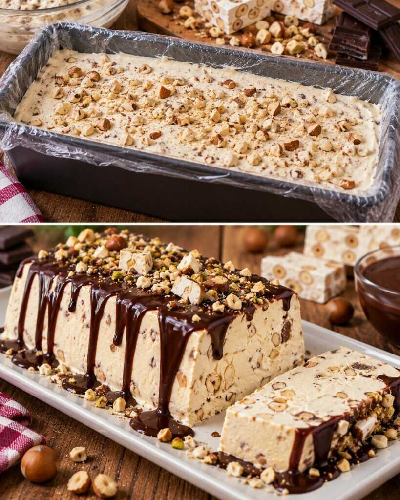 Semifreddo al Torrone con Salsa al Cioccolato Fondente