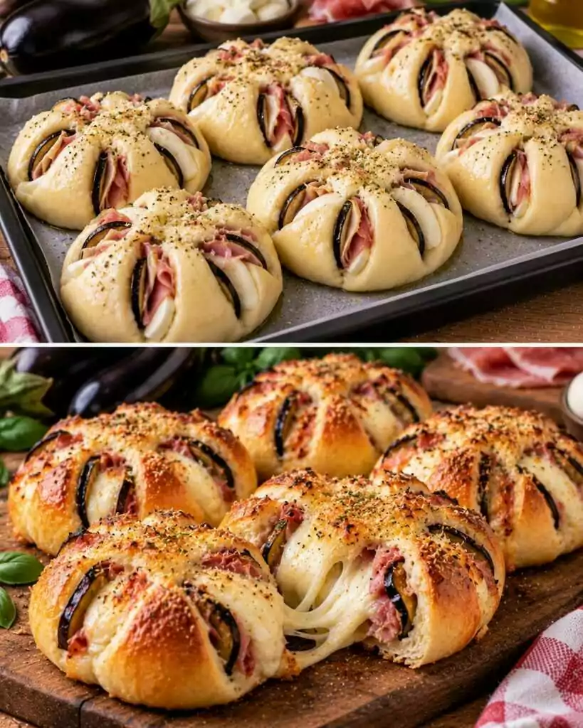 Panini a Rosetta Ripieni di Melanzane, Mozzarella e Prosciutto