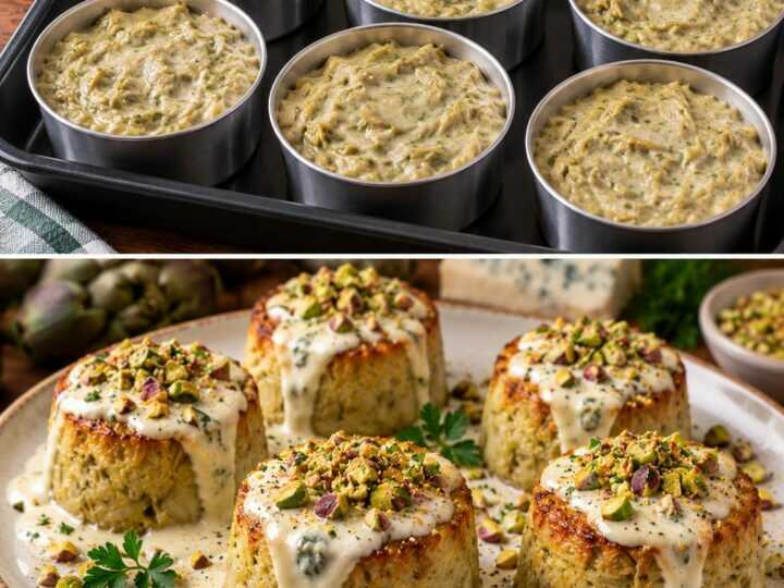 Mini Flan di Carciofi con Fonduta di Gorgonzola e Granella di Pistacchi