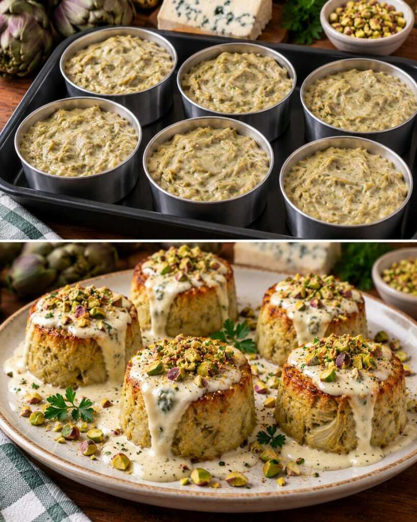 Mini Flan di Carciofi con Fonduta di Gorgonzola e Granella di Pistacchi