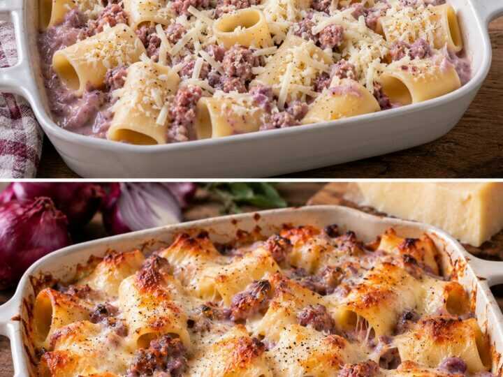 Paccheri con Crema di Cipolle Rosse, Salsiccia e Caciocavallo