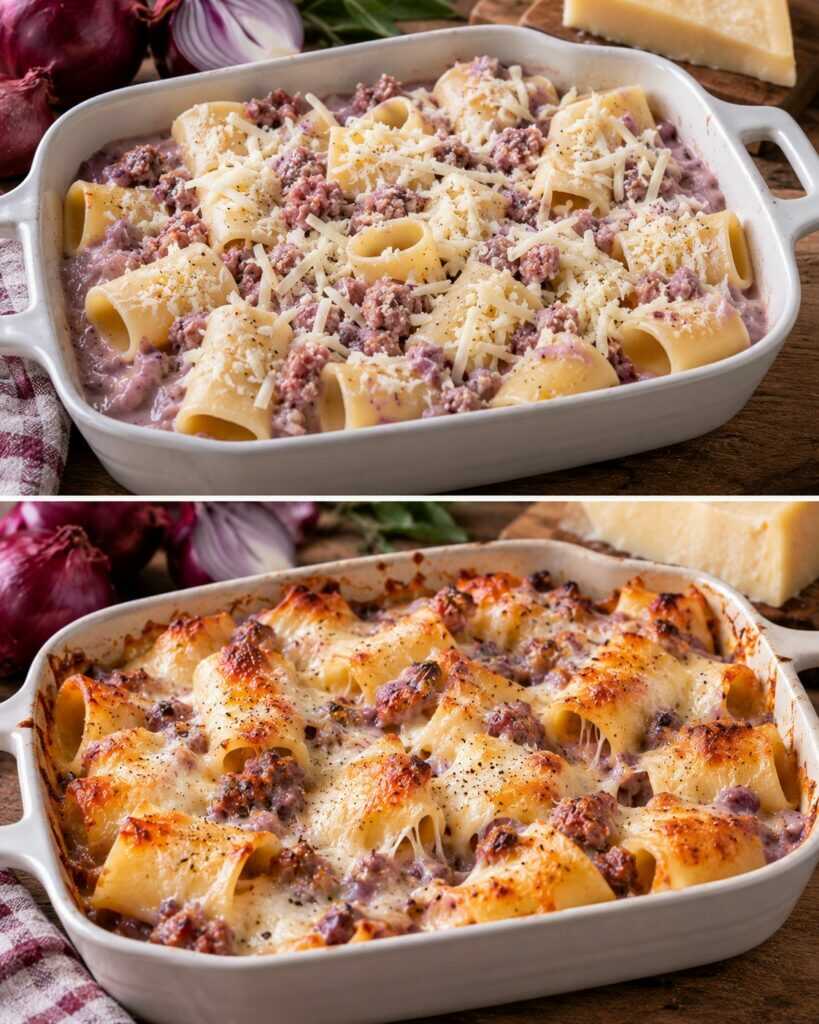 Paccheri con Crema di Cipolle Rosse, Salsiccia e Caciocavallo