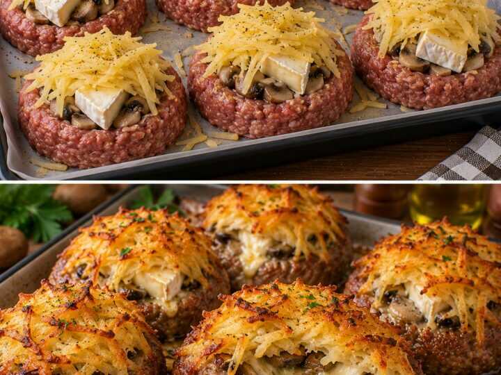Nidi di Carne Macinata con Cuore di Funghi, Brie e Patate Croccanti
