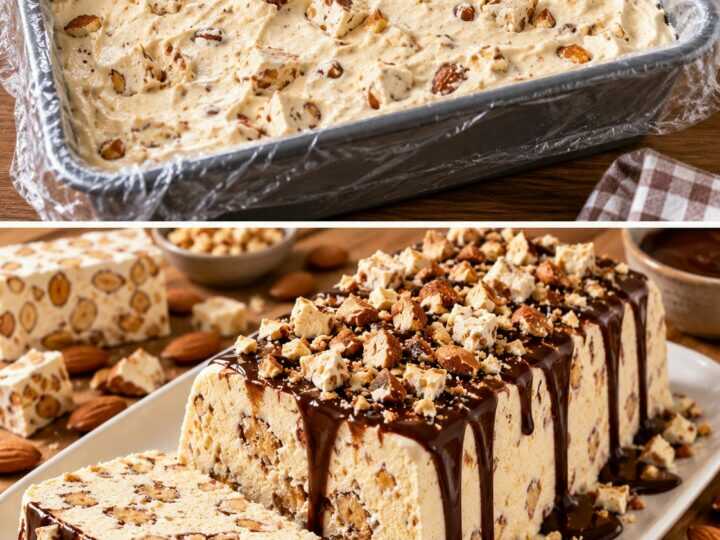 Semifreddo al Torrone con Salsa al Cioccolato e Granella di Mandorle