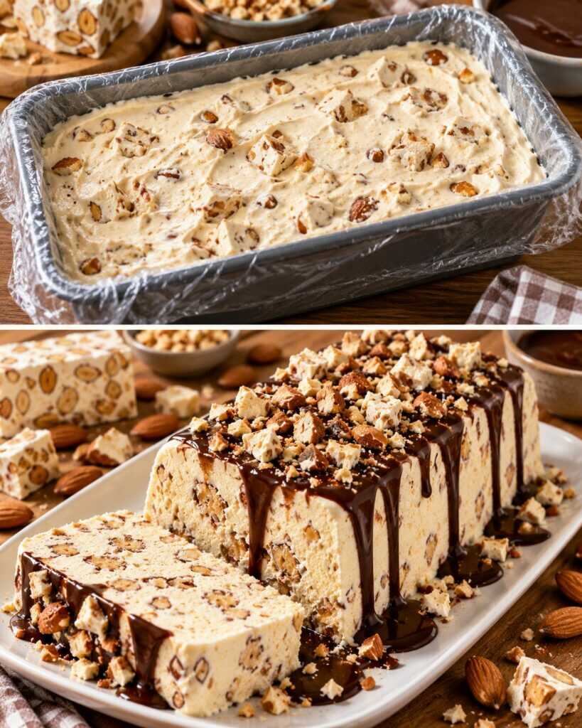 Semifreddo al Torrone con Salsa al Cioccolato e Granella di Mandorle