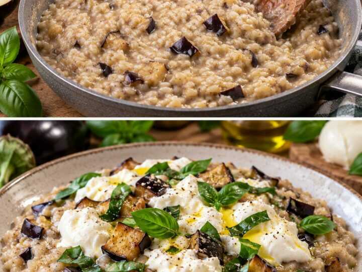 Risotto alla Crema di Melanzane con Burrata e Basilico