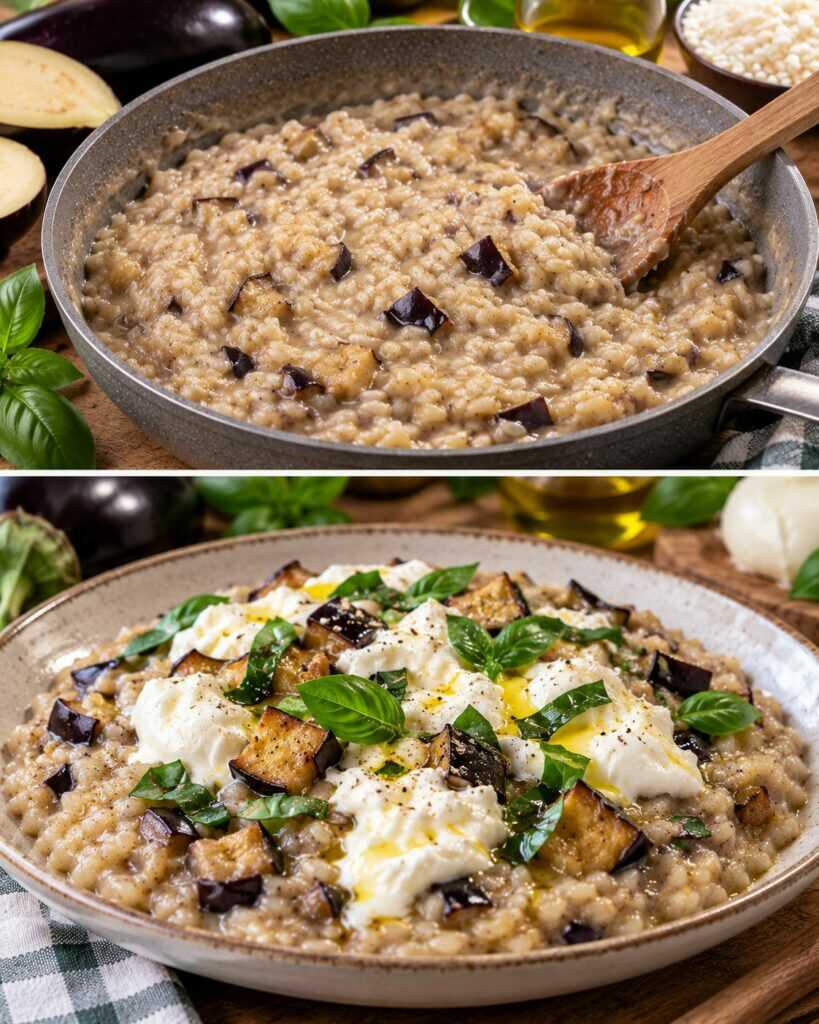 Risotto alla Crema di Melanzane con Burrata e Basilico