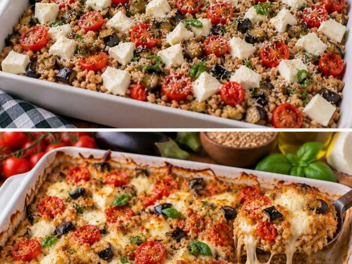Farro al Forno con Pomodorini Confit, Melanzane e Mozzarella Filante