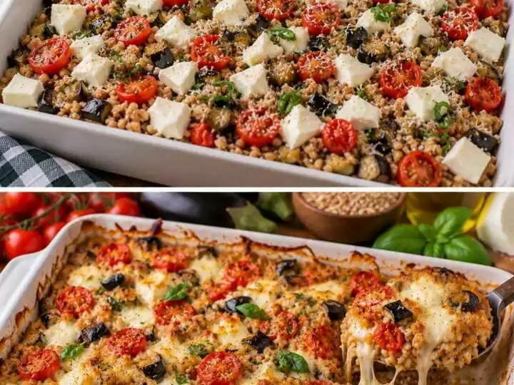 Farro al Forno con Pomodorini Confit, Melanzane e Mozzarella Filante