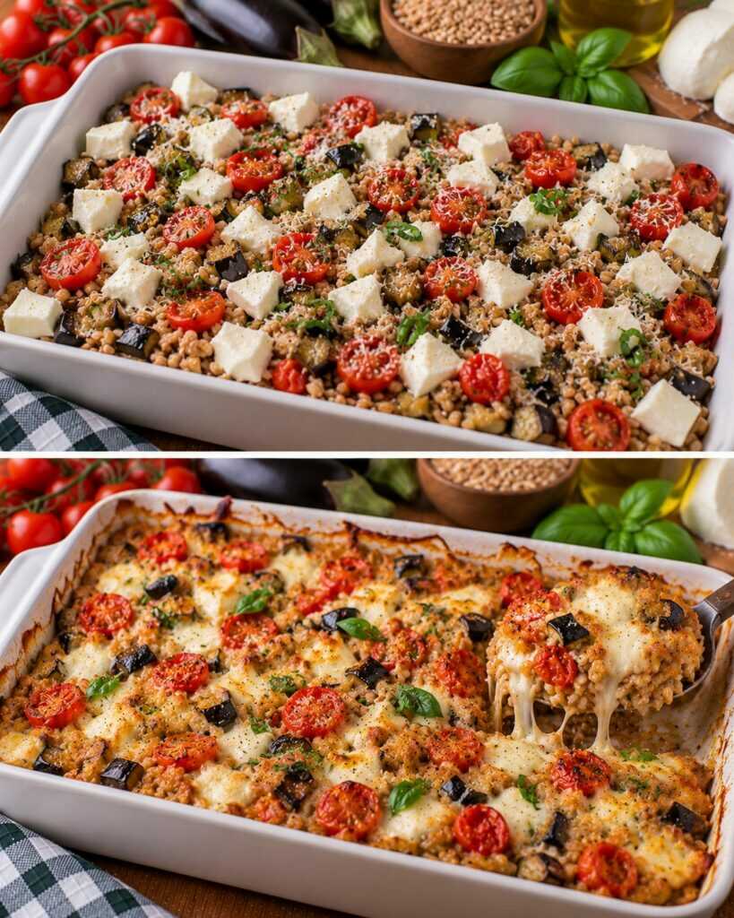 Farro al Forno con Pomodorini Confit, Melanzane e Mozzarella Filante