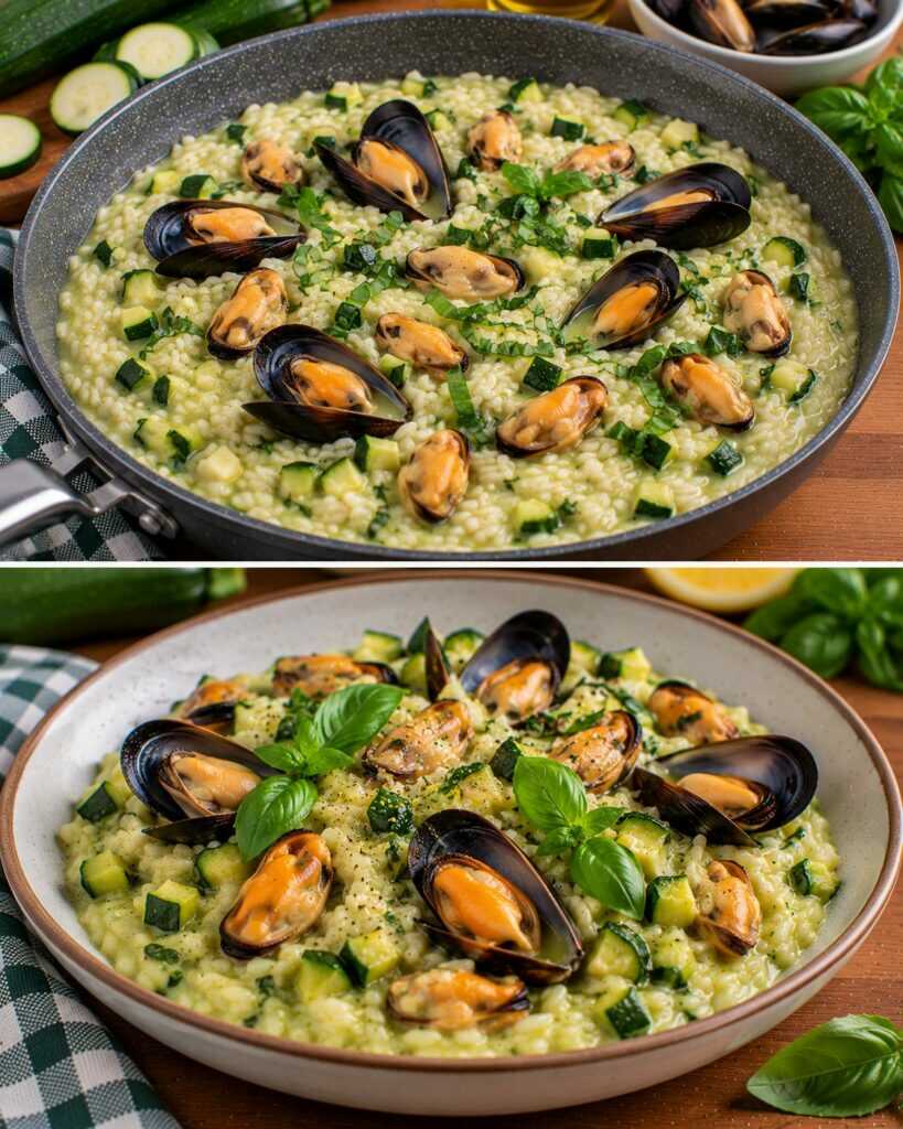 Risotto alle Cozze con Crema di Zucchine e Basilico Fresco