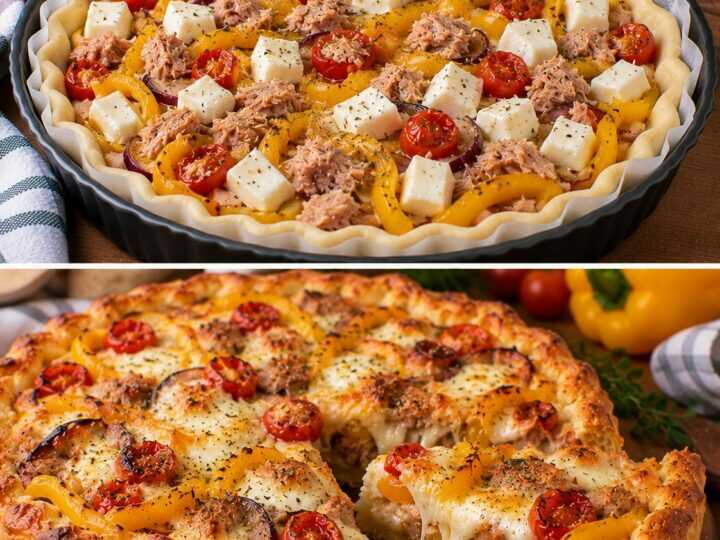 Torta Salata con Peperoni Gialli, Tonno e Mozzarella Filante