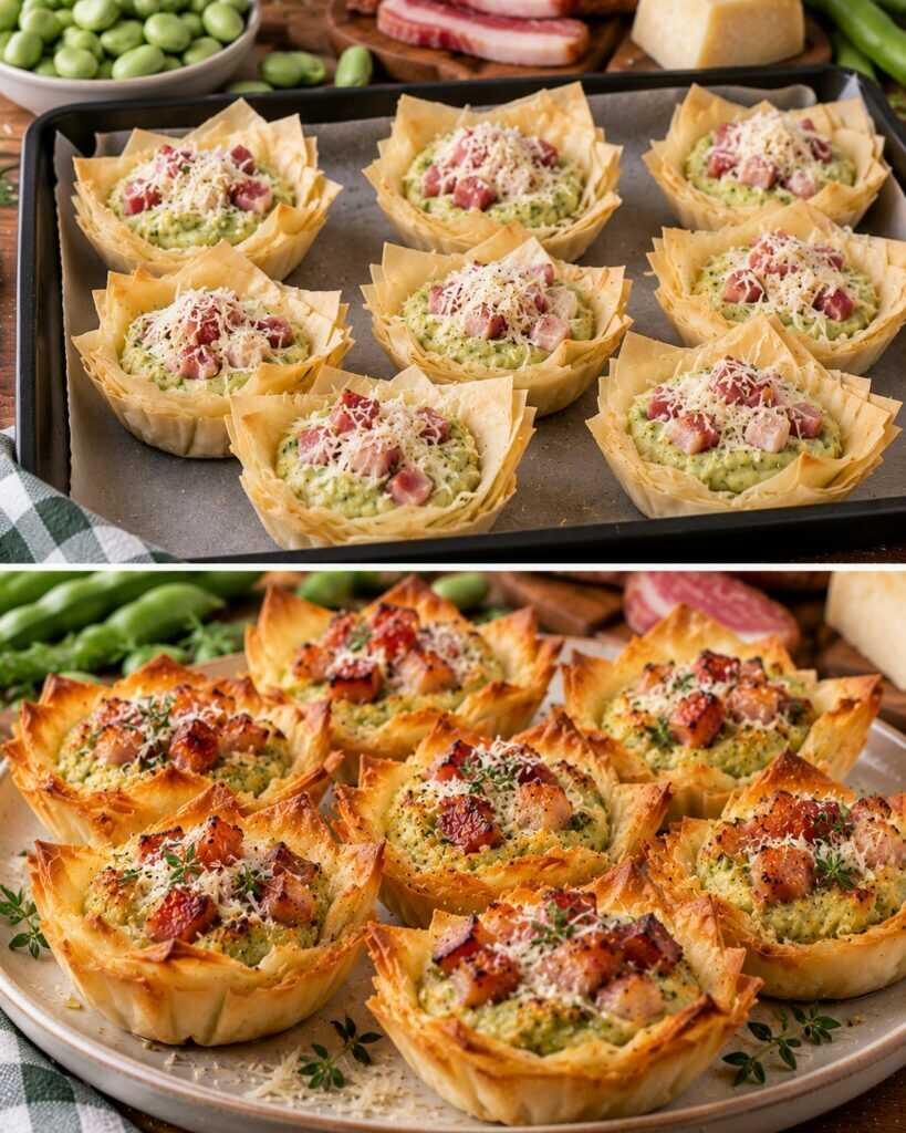 Tartellette di Pasta Fillo con Crema di Fave, Guanciale e Pecorino
