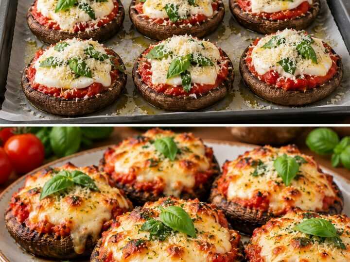 Mini Parmigiane di Funghi Portobello con Pomodoro, Mozzarella e Basilico