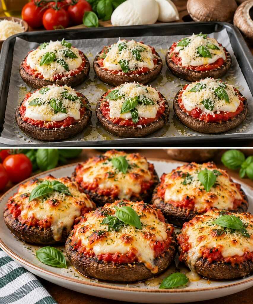 Mini Parmigiane di Funghi Portobello con Pomodoro, Mozzarella e Basilico