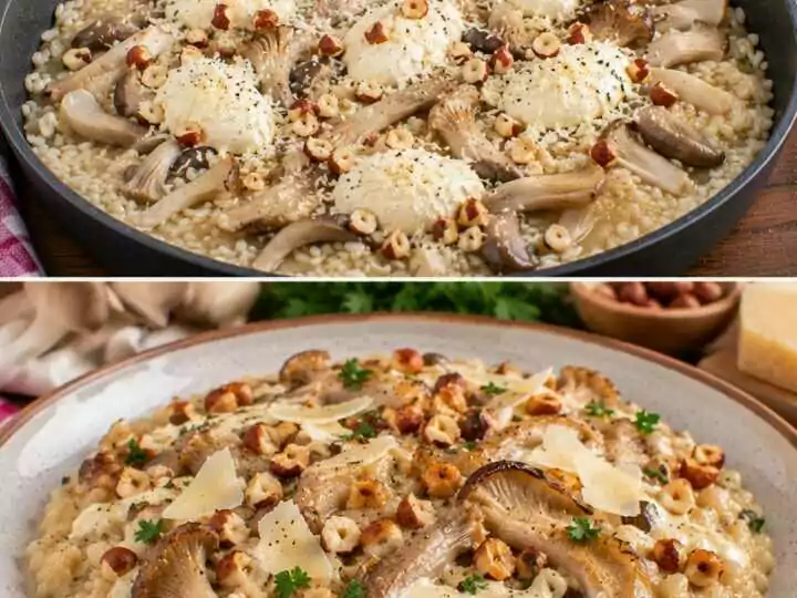 Risotto ai Funghi Pleurotus con Crema di Parmigiano e Nocciole