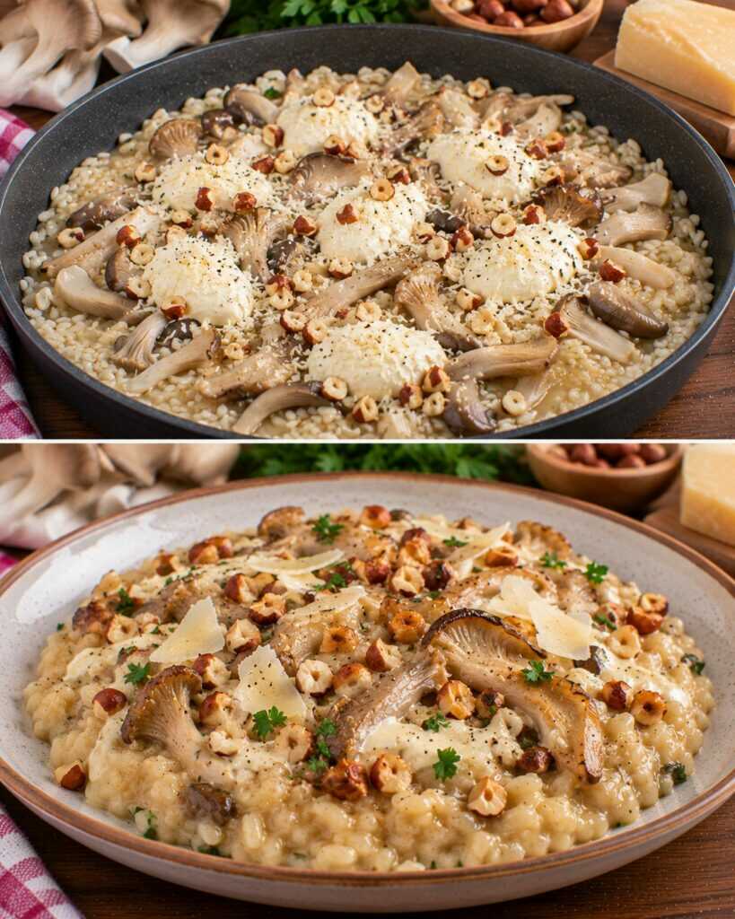 Risotto ai Funghi Pleurotus con Crema di Parmigiano e Nocciole