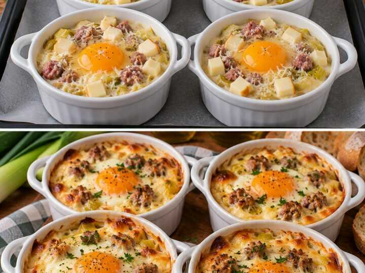Uova in Cocotte con Crema di Porri, Salsiccia e Scamorza Affumicata