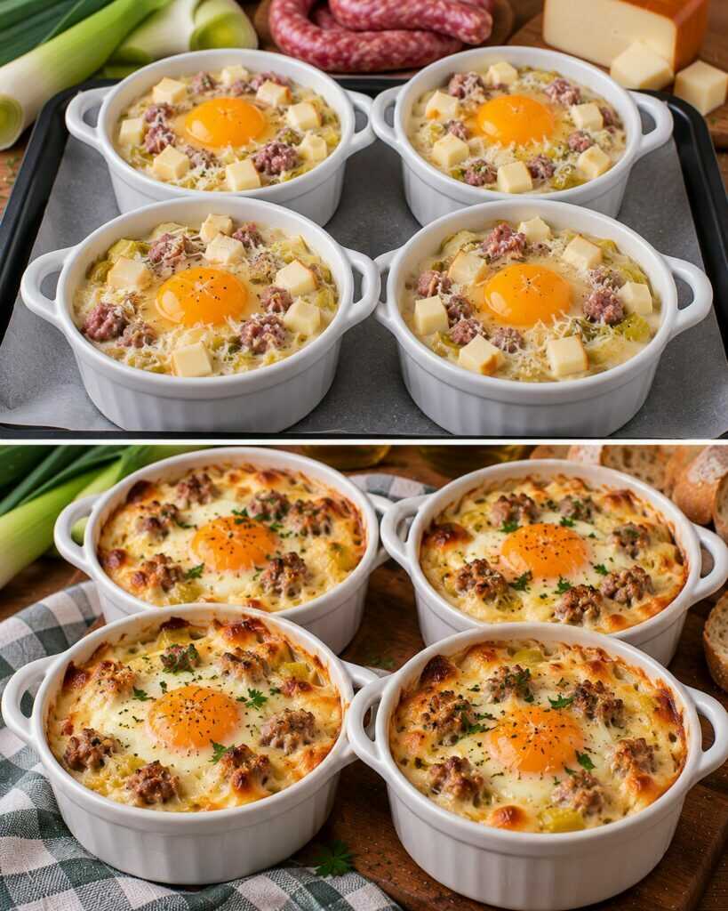 Uova in Cocotte con Crema di Porri, Salsiccia e Scamorza Affumicata