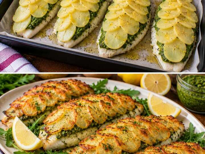 Filetti di Orata in Crosta di Patate con Pesto di Rucola e Limone