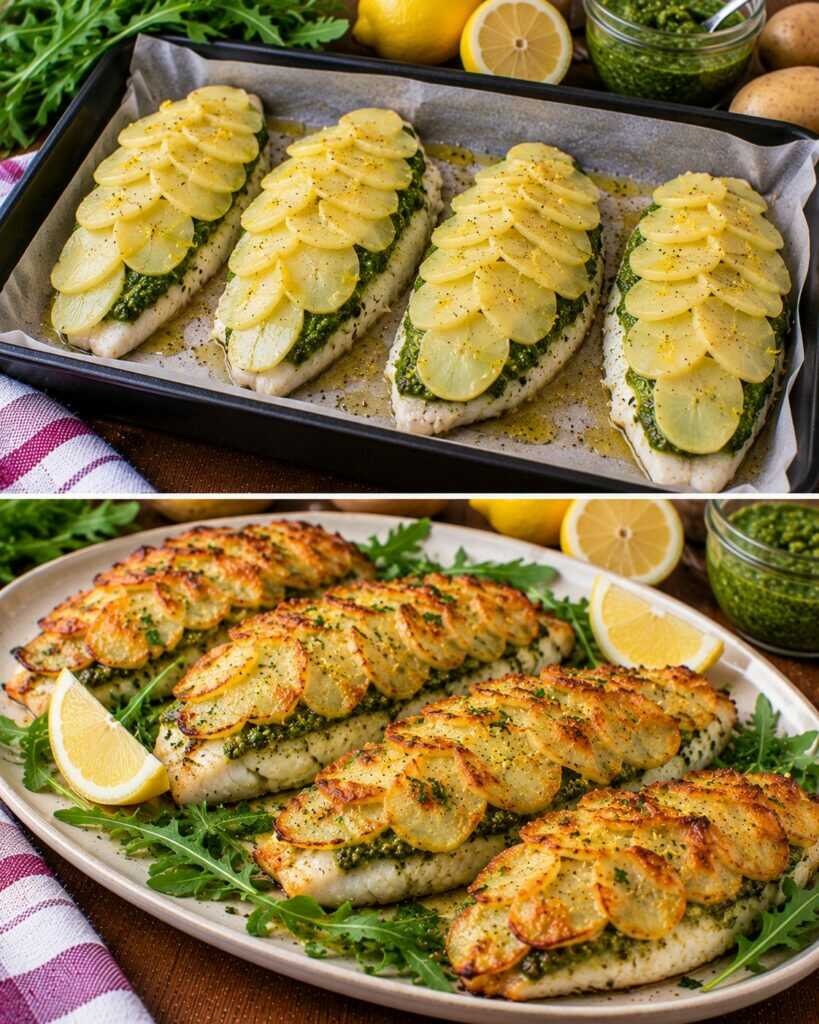 Filetti di Orata in Crosta di Patate con Pesto di Rucola e Limone