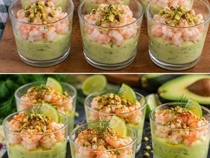 Bicchierini di Crema di Avocado con Gamberetti, Lime e Granella di Pistacchi
