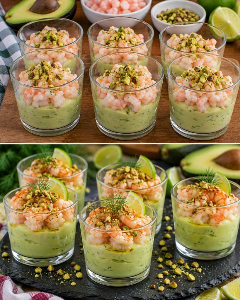 Bicchierini di Crema di Avocado con Gamberetti, Lime e Granella di Pistacchi