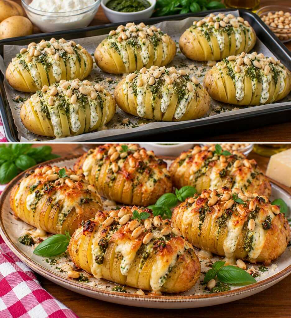 Patate a Ventaglio con Crema di Ricotta, Pesto di Basilico e Pinoli: Croccanti Fuori e Cremose Dentro