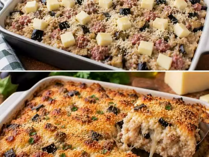 🍆 Riso al Forno con Crema di Melanzane, Salsiccia e Caciocavallo