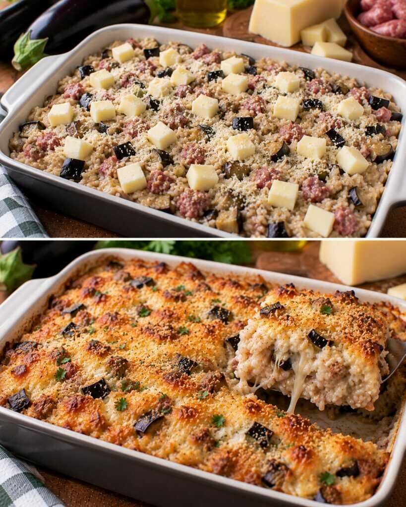 🍆 Riso al Forno con Crema di Melanzane, Salsiccia e Caciocavallo