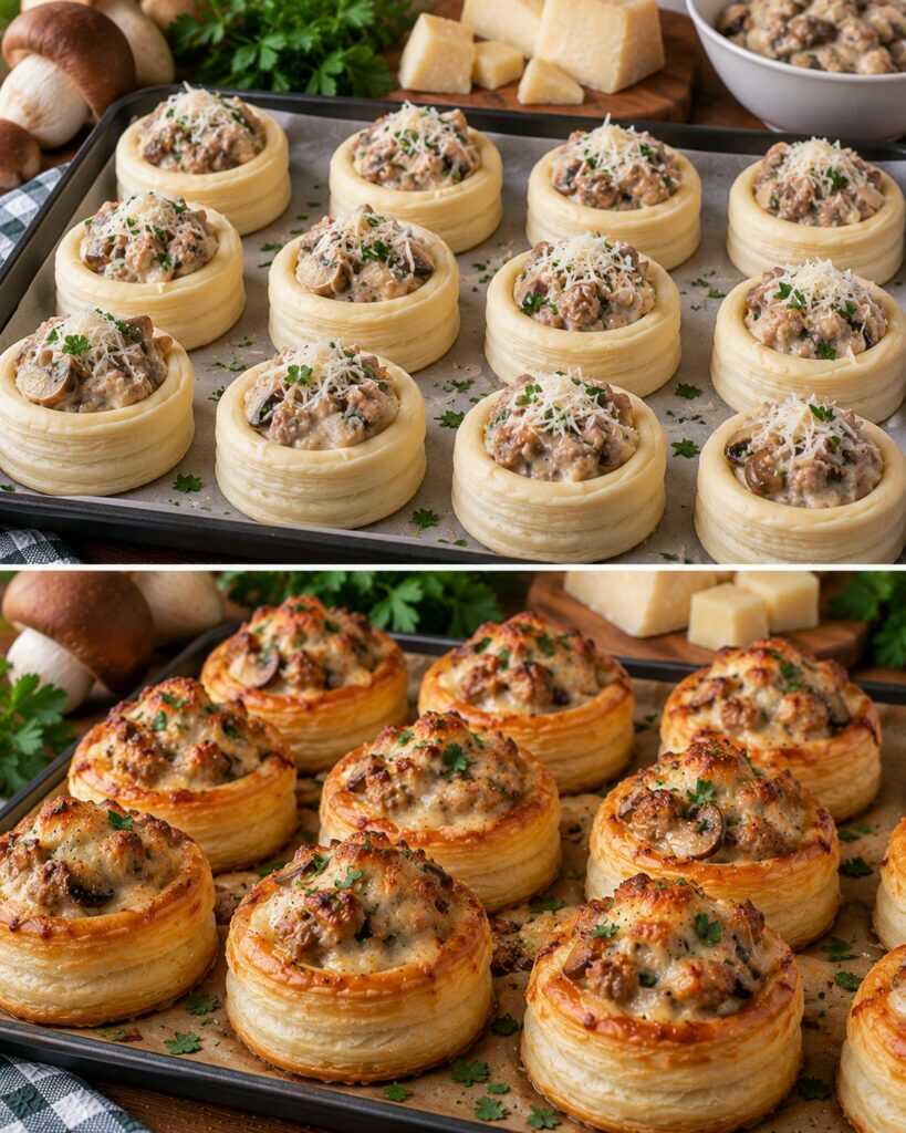 Mini Vol-au-Vent con Crema di Porcini, Salsiccia e Grana Padano