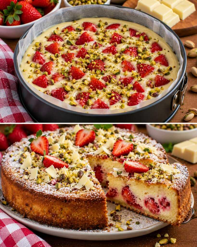 Torta Cremosa al Cioccolato Bianco con Cuore di Fragole e Pistacchi
