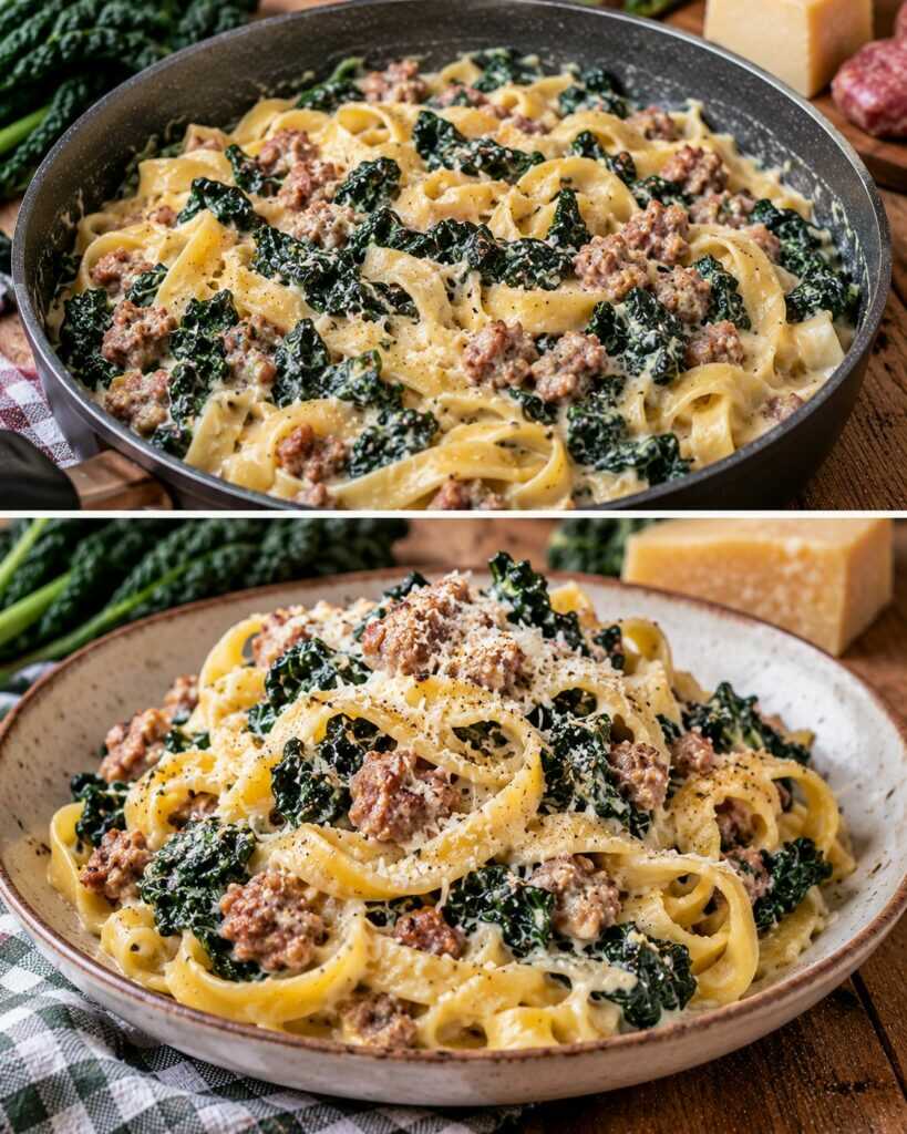 Tagliatelle con Crema di Cavolo Nero, Salsiccia e Parmigiano